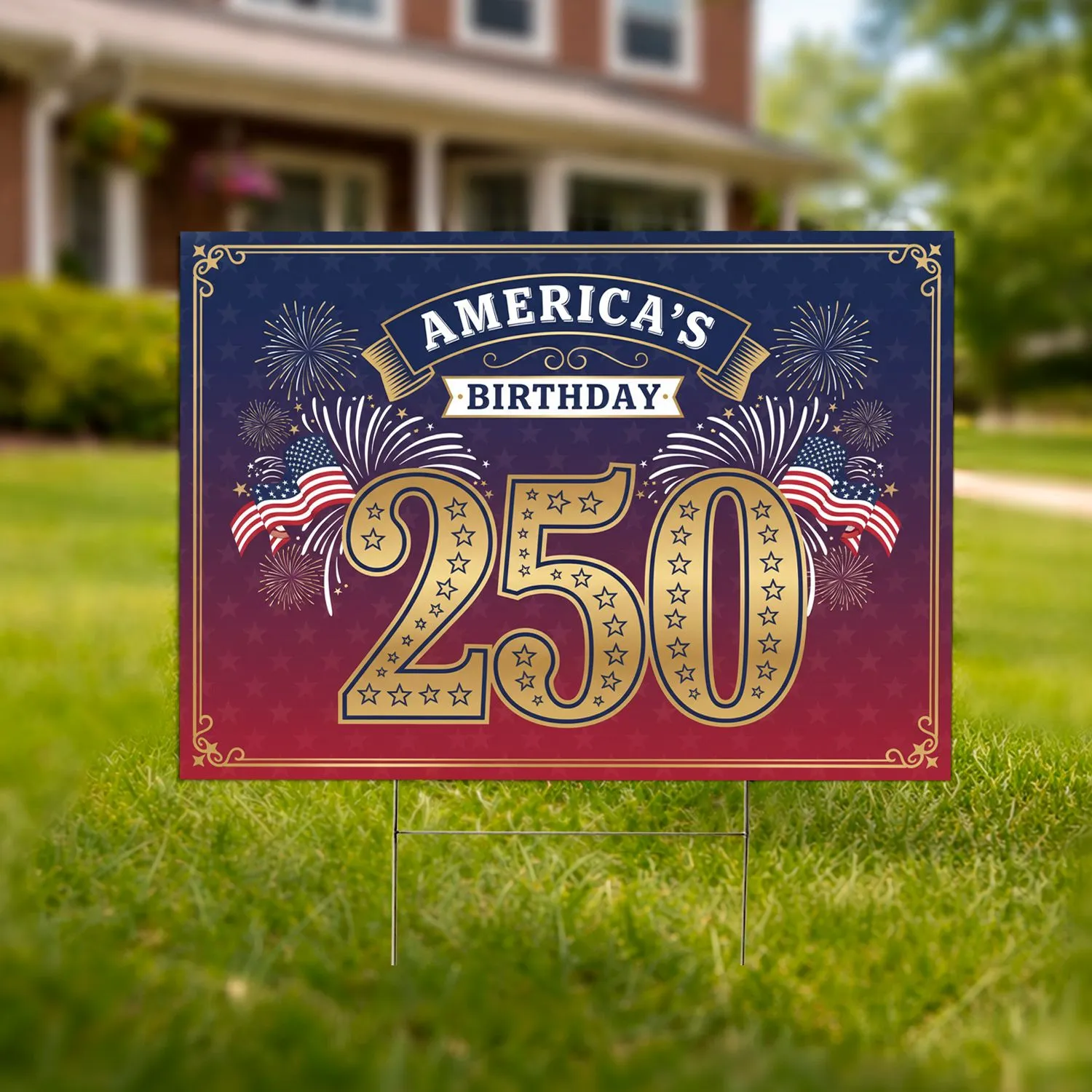 250th America's Birthday 1776-2026 Gold Star-Spangled Flag & Fireworks Decor Yard Sign - 1