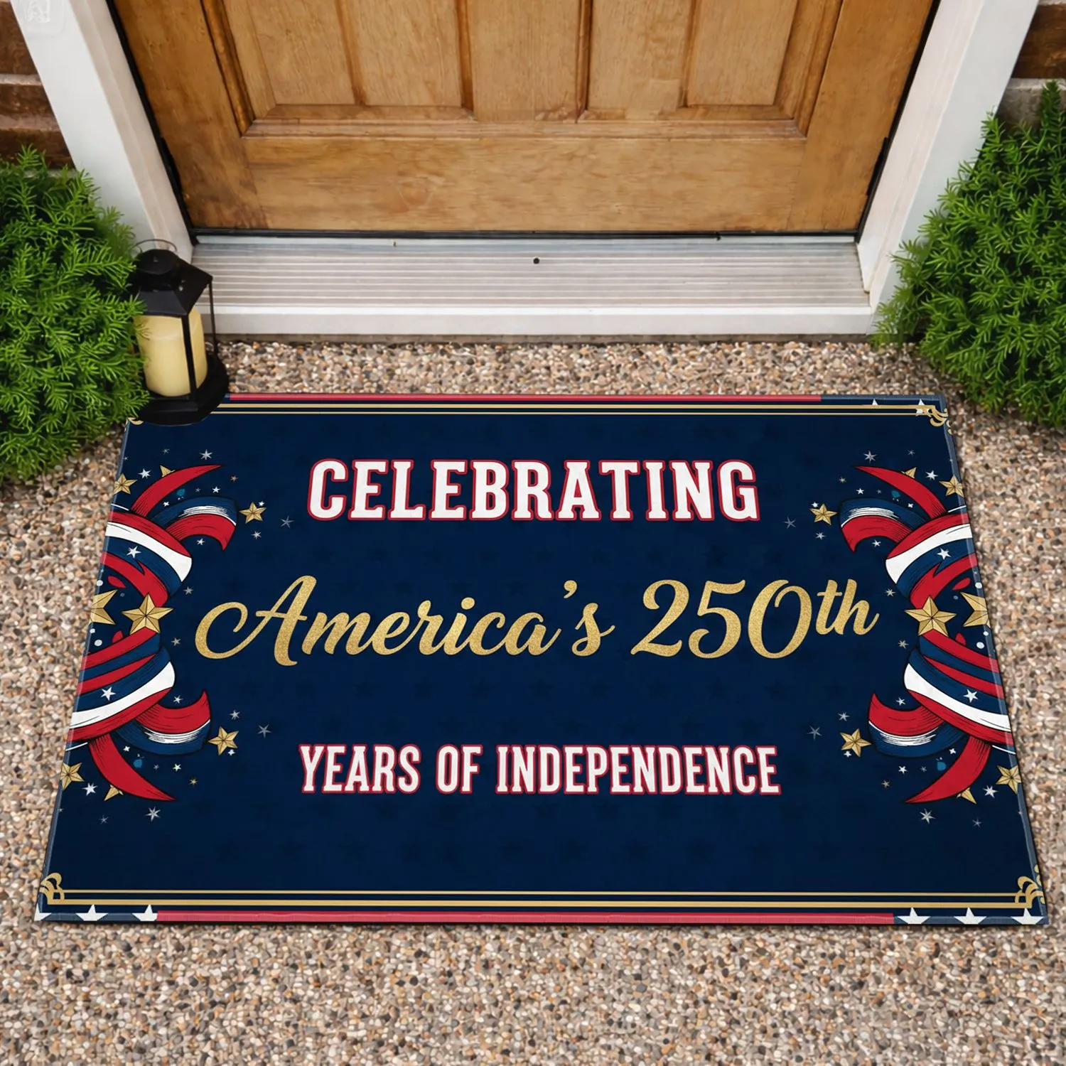Celebrating America's 250th Independence Day Flag Border Red White Blue Ribbons Gold Stars Doormat - 1