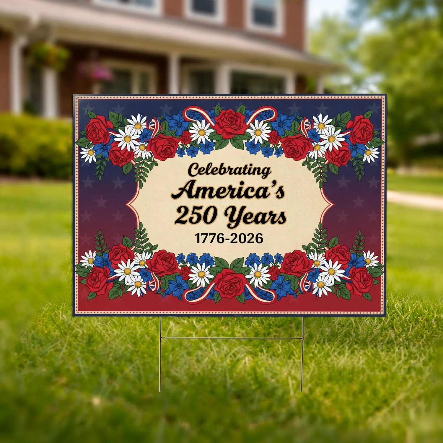 America 250th Anniversary (1776-2026) Patriotic Stars Stripes Floral Garlands Yard Sign - 1