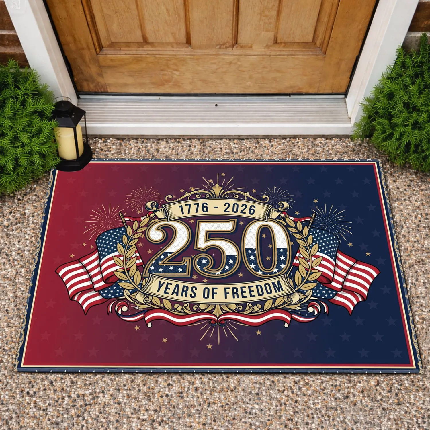 American Flag 1776-2026 Stars Stripes USA 250th Anniversary Freedom Patriotic Emblem Wreath Doormat - 1
