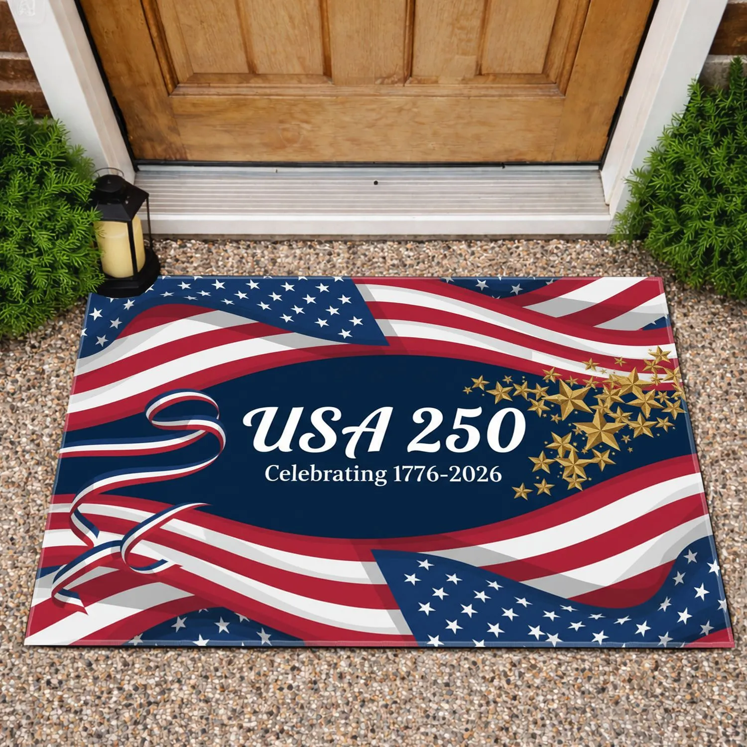 USA 250 American Flowing Flag 1776-2026 - 250th Anniversary Independence Day for Veterans Doormat - 1