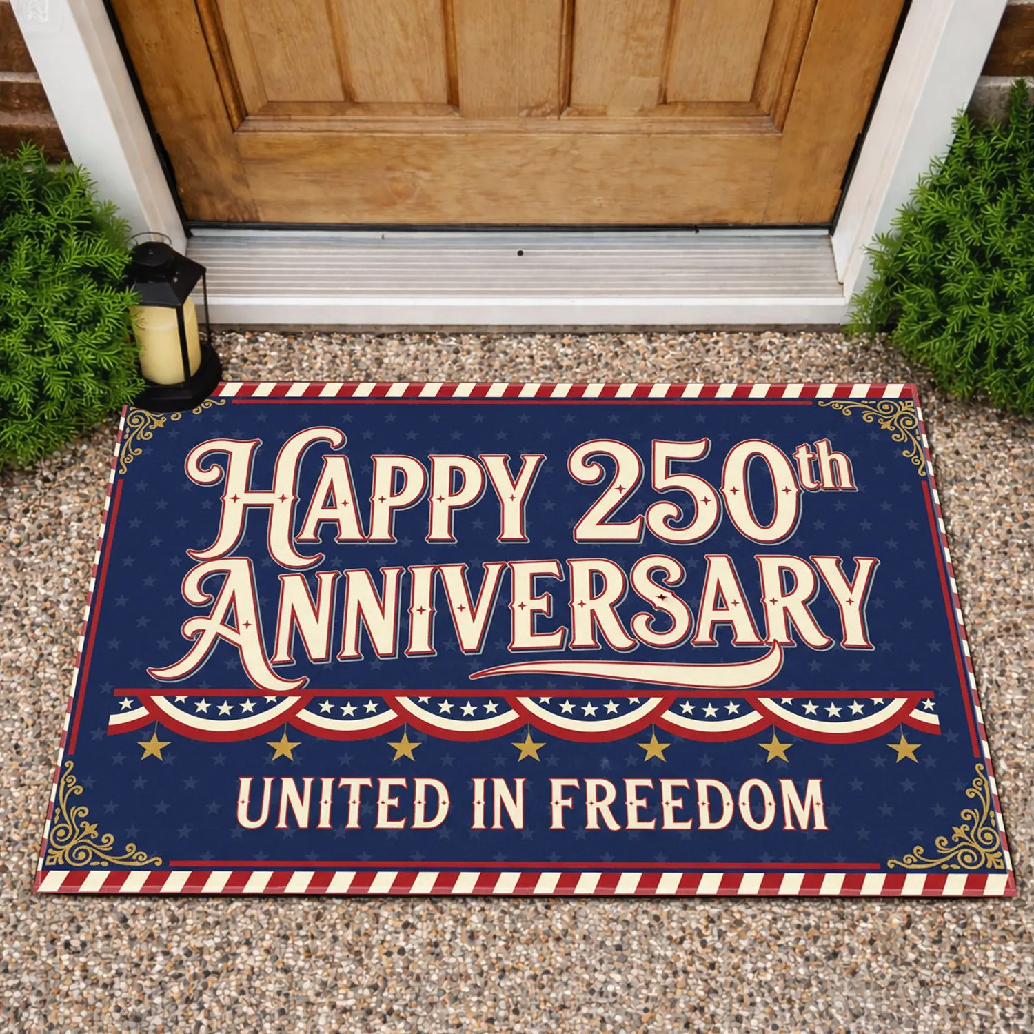 Happy 250th Anniversary United in Freedom Patriotic Bunting 1776-2026 Gold Star Doormat - 1