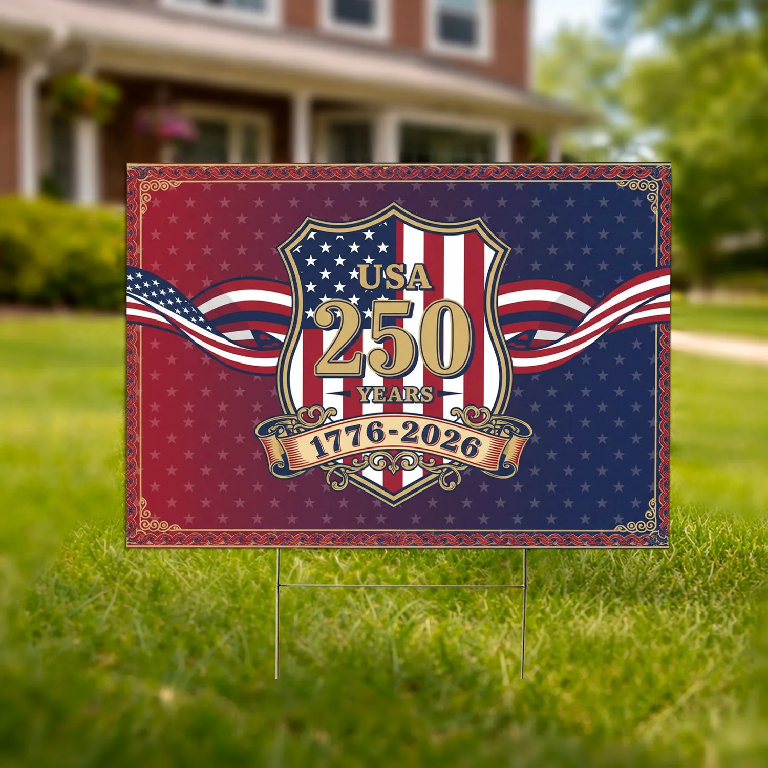 Gold 250 USA Years Shield 1776-2026 - America's 250th Anniversary Patriotic Flag with Bunting Yard Sign - 1