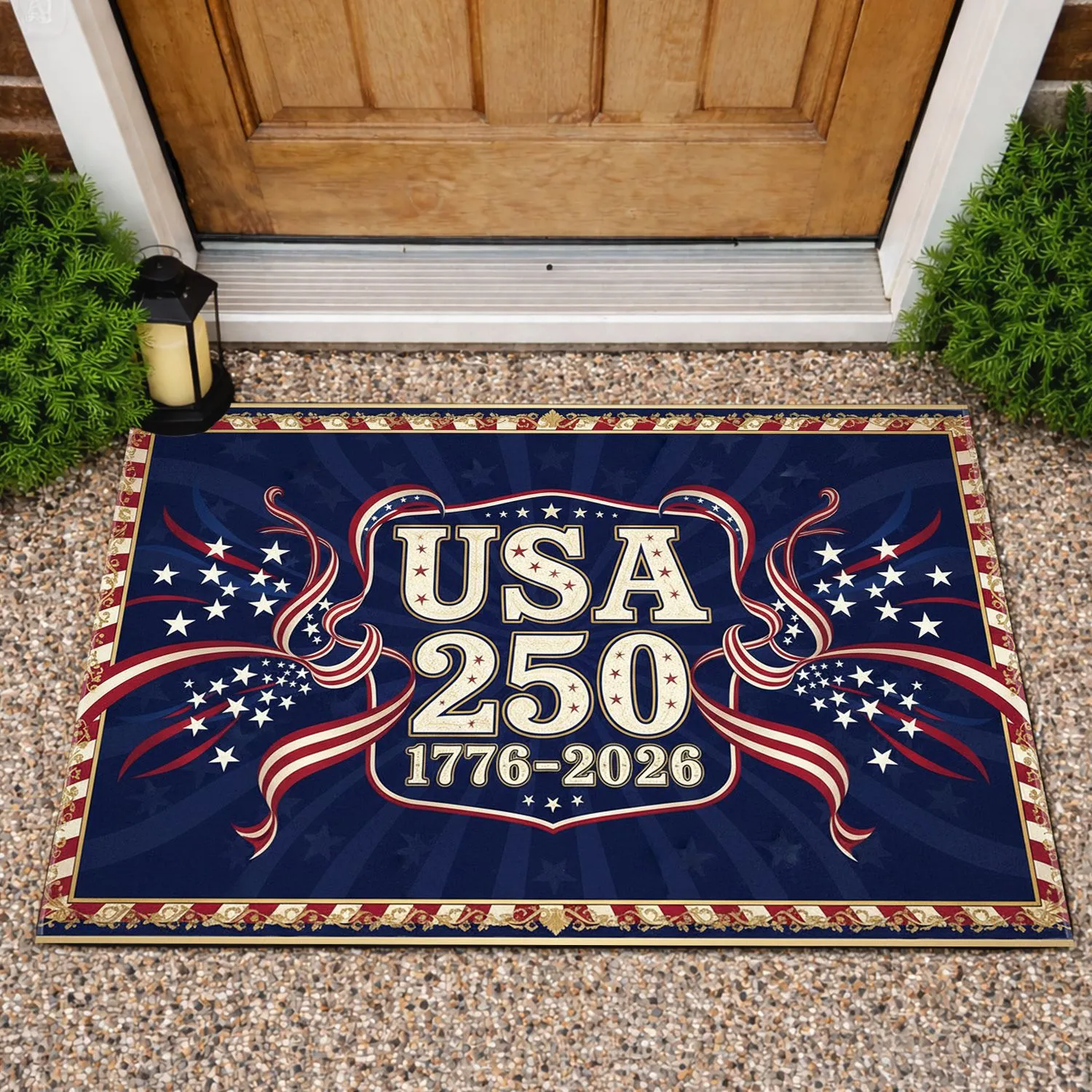 USA 250 1776-2026 Patriotic Bunting Stars Gold Filigree - America's 250th Anniversary Doormat - 1