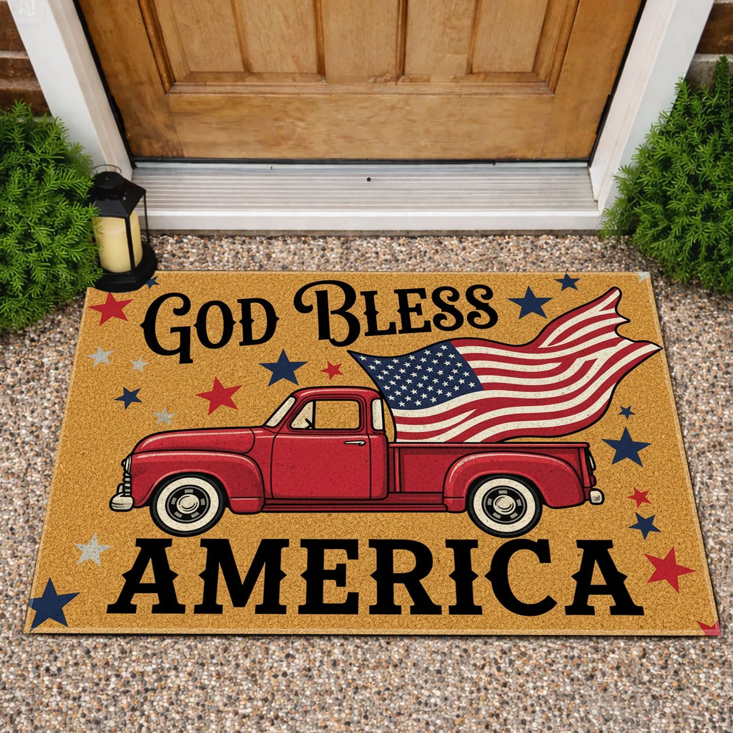Vintage Red Truck American Flag God Bless America - USA 250th Anniversary (1776-2026) Doormat - 1