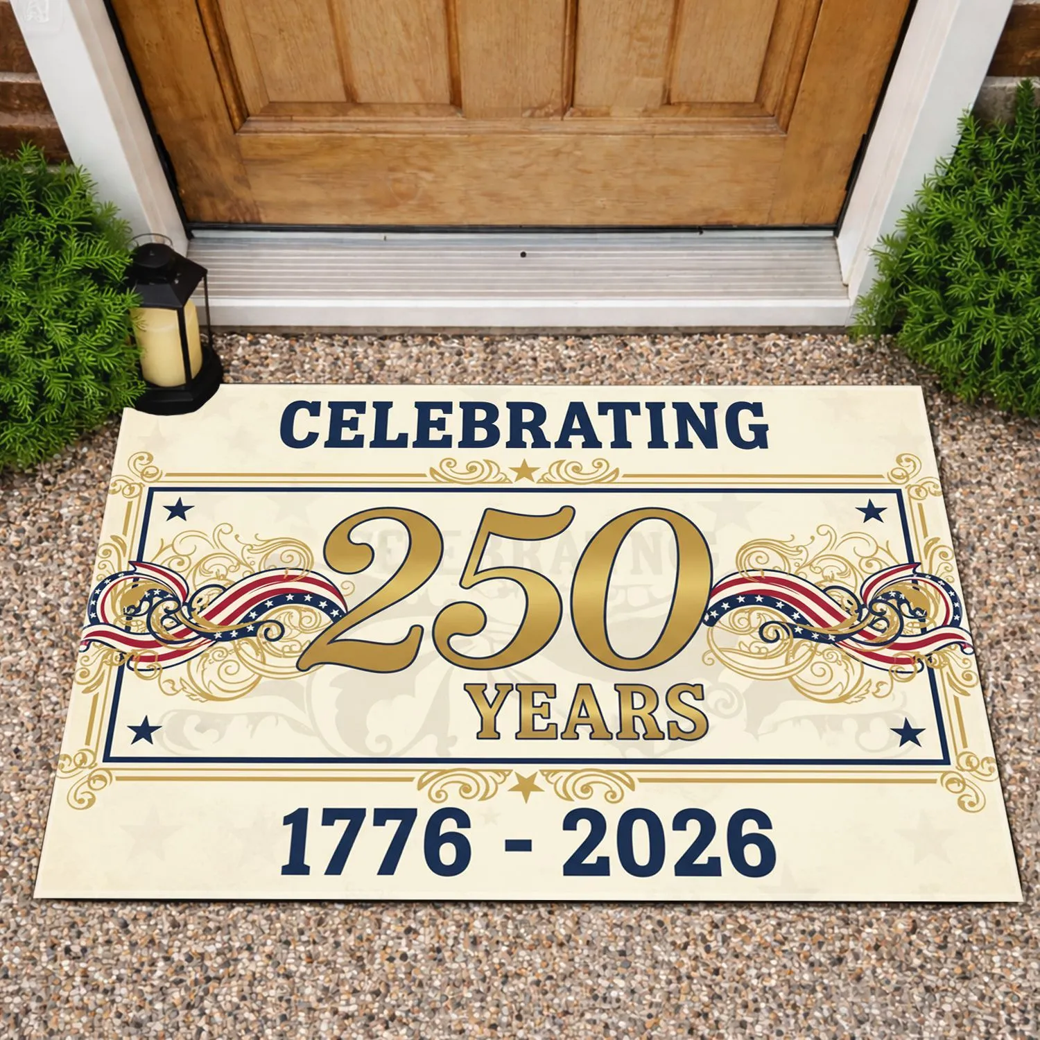 Celebrating 250 Years 1776-2026 - USA 250th Anniversary Patriotic Stars Gold Bunting Doormat - 1