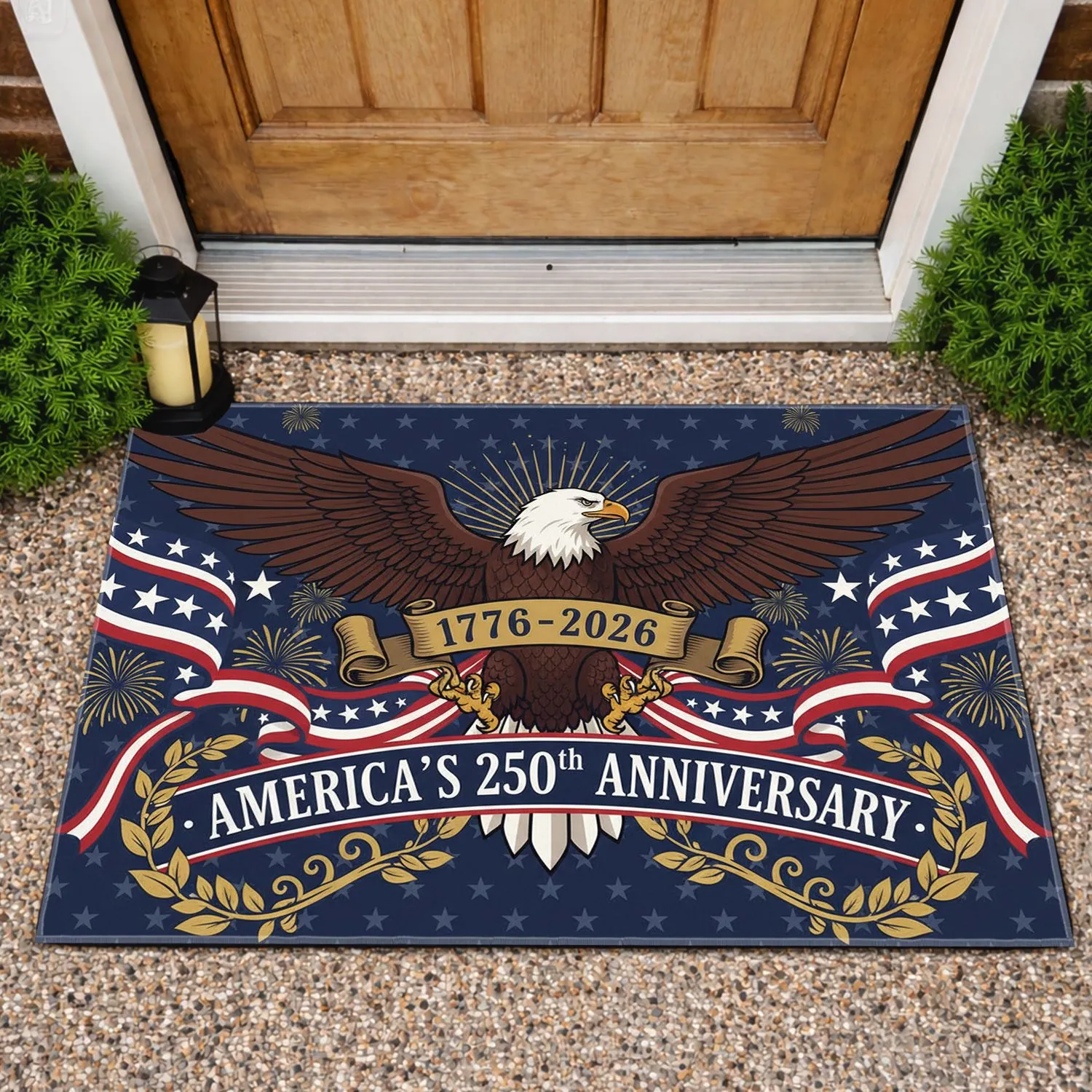Bald Eagle American Flag Fireworks 1776-2026 - USA 250th Anniversary Independence Day Doormat - 1