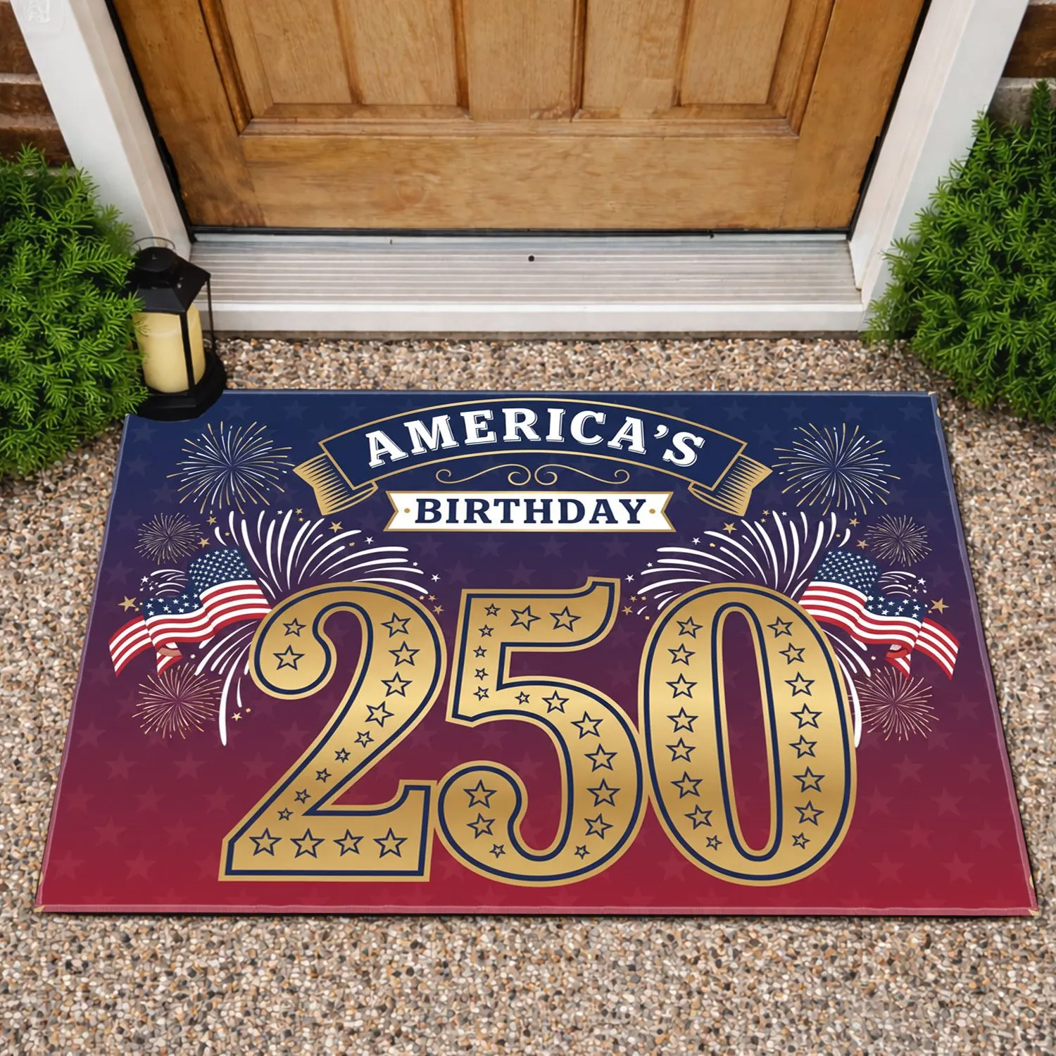 250th America's Birthday 1776-2026 Gold Star-Spangled Flag & Fireworks Decor Doormat - 1