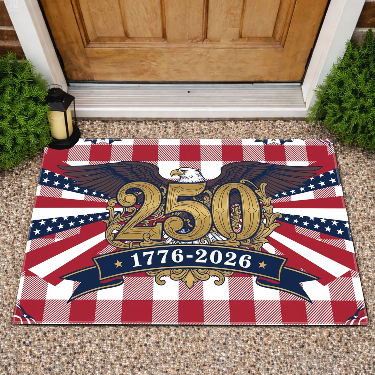 Bald Eagle American Flag 1776-2026 - USA 250th Anniversary Buffalo Plaid Bunting Doormat - 1