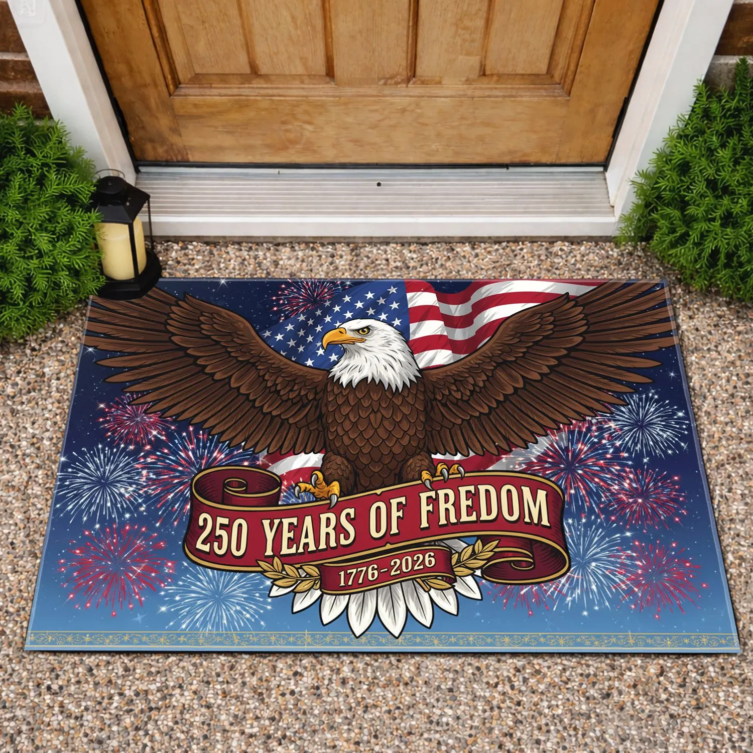 Bald Eagle American Flag 1776-2026 Fireworks - 250 Years of Freedom Celebration for Veterans Doormat - 1