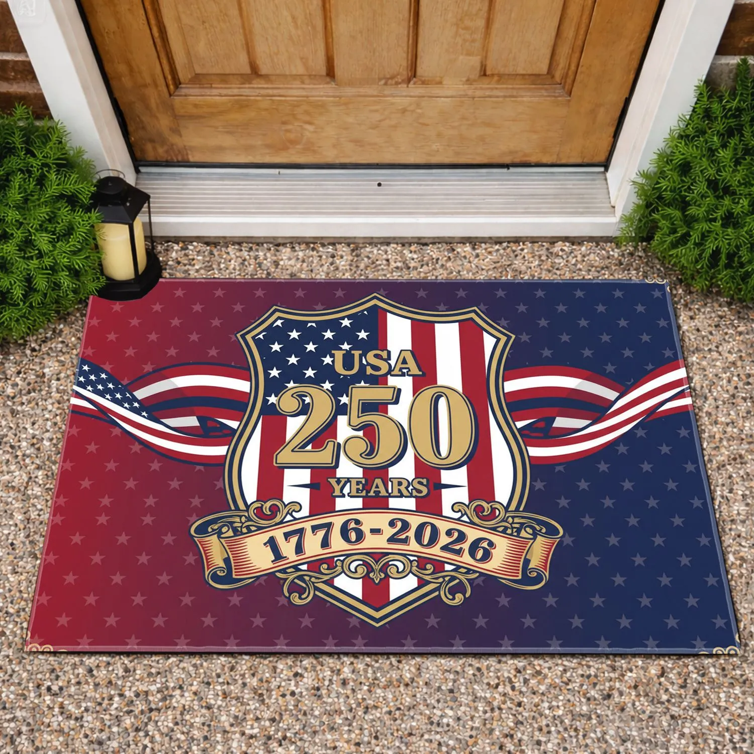Gold 250 USA Years Shield 1776-2026 - America's 250th Anniversary Patriotic Flag with Bunting Doormat - 1