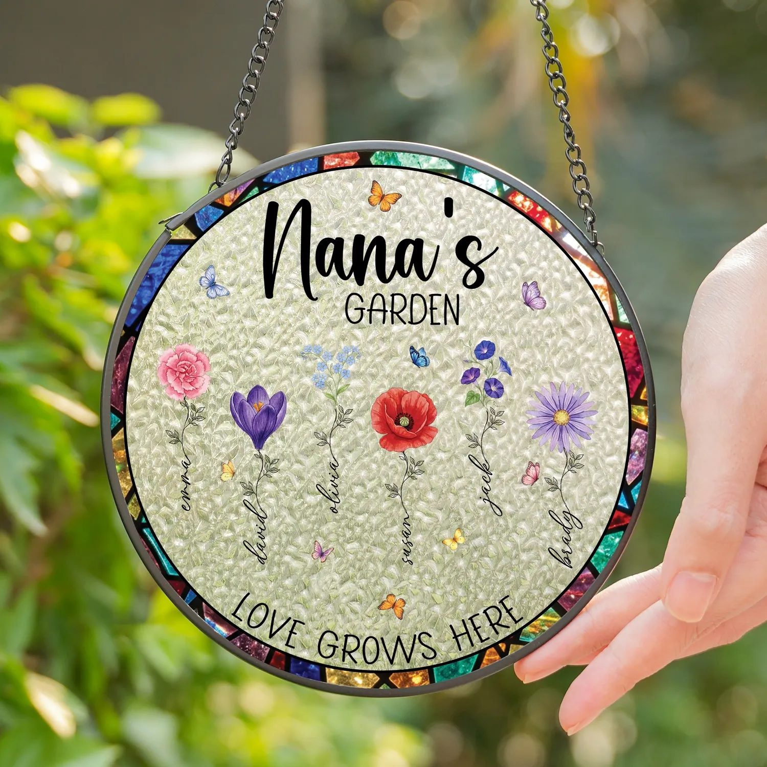 Nana's Garden Stained Glass Suncatcher, Mothers Day Gifts for Nana, Gigi, Nana Gifts, Grandma Gifts From Grandkids, Grandson, Granddaughter - 1