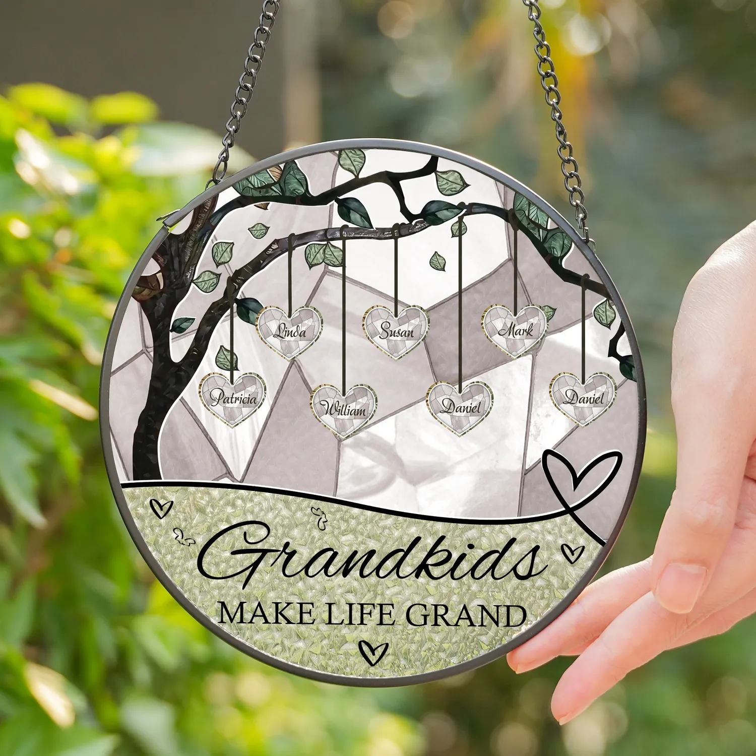 Grandkids Make Life Grand We Love Nana And Papa Personalized Stained Glass Window Hanging Suncatcher, Mother's Day Gift, Birth Flower Gifts - 1