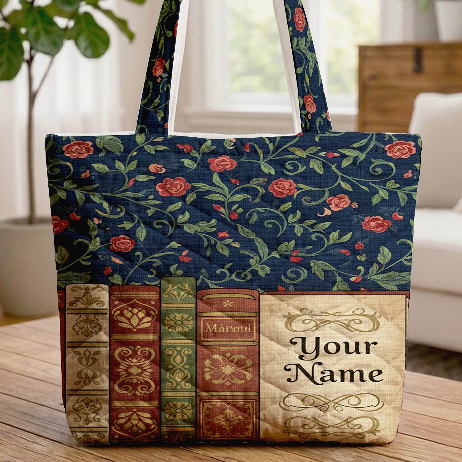 Vintage Library Shelf Books Botanical Swirling Vines Red Roses - Book Lover Gift Quilted Tote Bag - 1