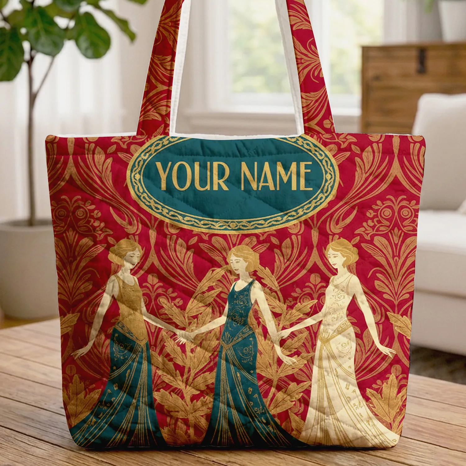 Art Deco Female Figures Golden Leaves Name - Everyday Lifestyle Home Decor Gift Quilted Tote Bag - 1