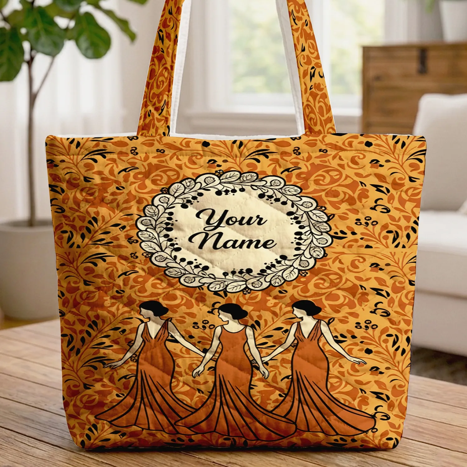 Three Elegant Women Your Name Floral Wreath Leaf Garland - Autumn Lifestyle Gift Quilted Tote Bag - 1