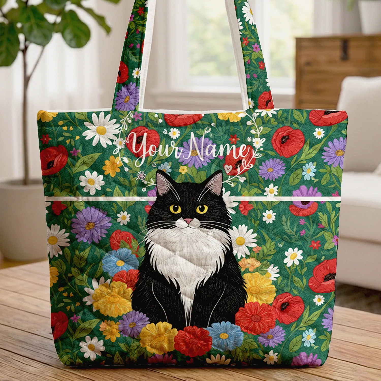 Black White Cat Vibrant Garden Flowers Floral Wreath - Everyday Cat Lover Gift Quilted Tote Bag - 1
