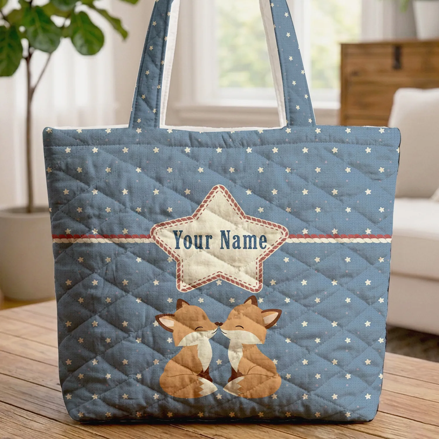 Baby Foxes Nuzzling Cowboy Name Star - Wildlife Lover Gift Quilted Tote Bag - 1