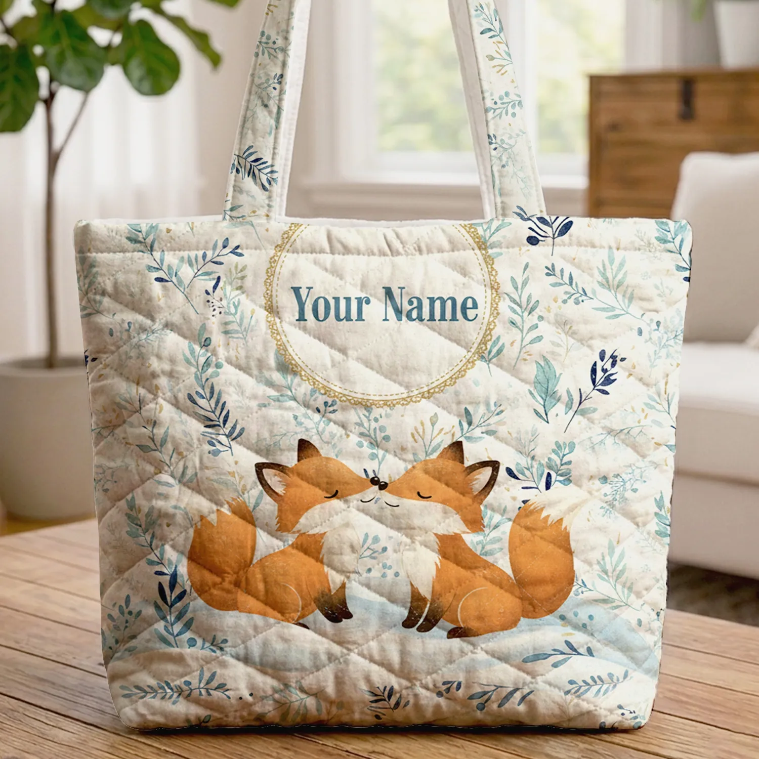Nudging Foxes Frost Winter Foliage Berries Snow Drifts - Fox Lover Winter Season Gift Quilted Tote Bag - 1