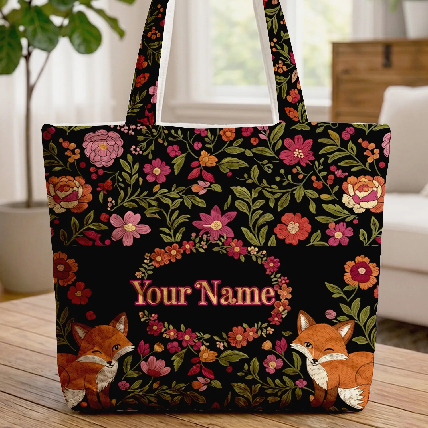 Fox Kits Nuzzling Small Wildflowers Leaves Berries Wreath - Wildlife Lover Gift Quilted Tote Bag - 1