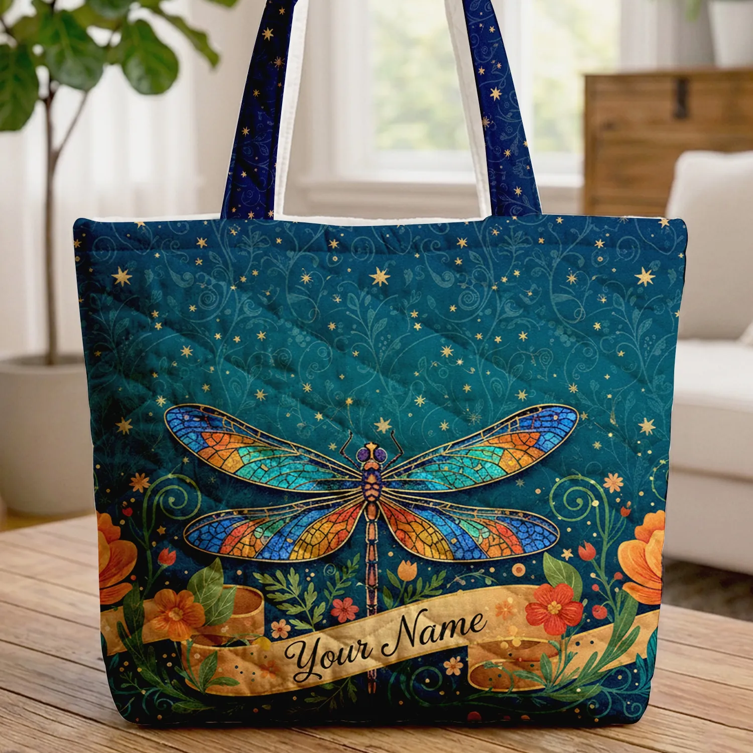 Iridescent Dragonfly Mosaic Wings Golden Stars Flowers - Everyday Tote Quilted Tote Bag - 1