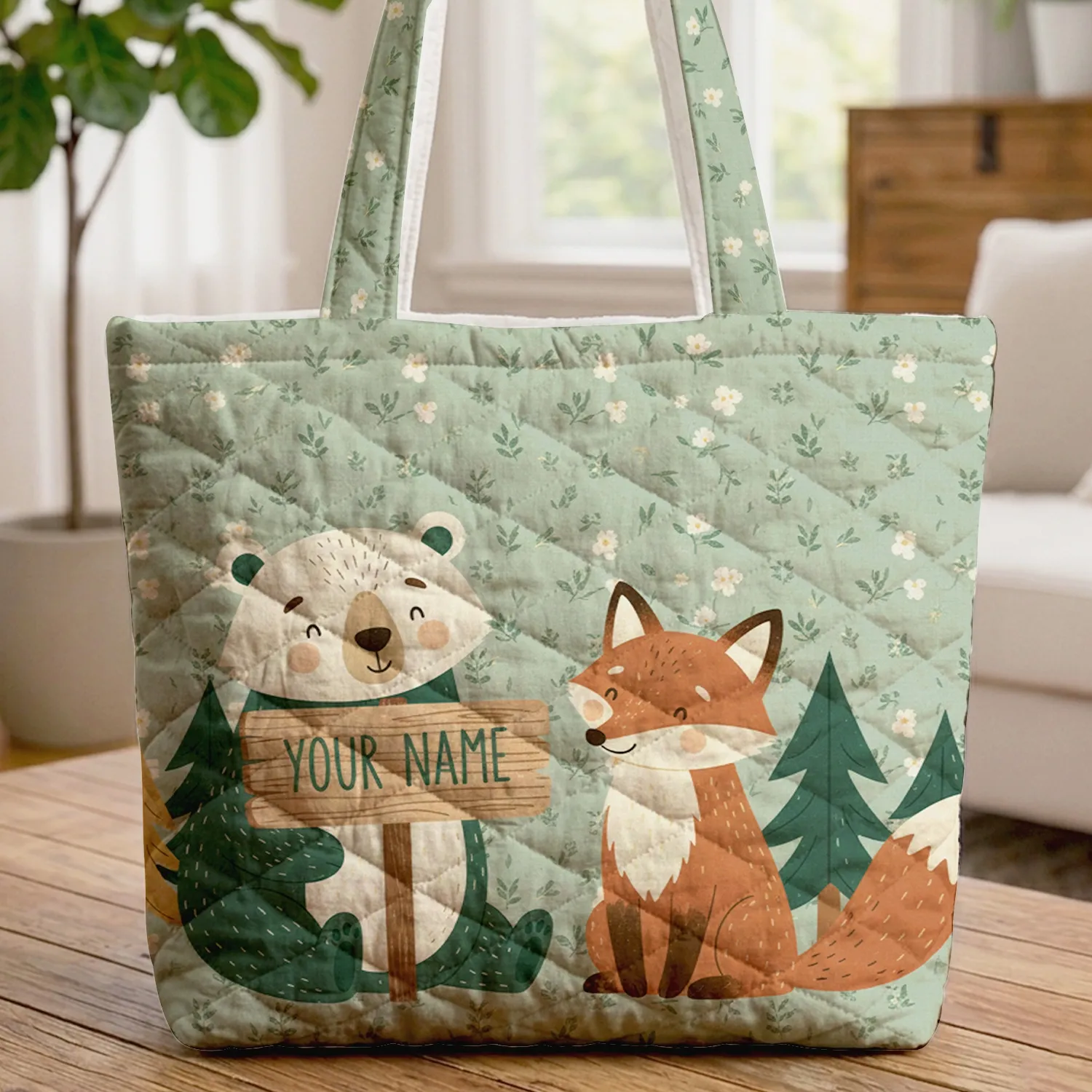 Bear Fox Forest Camping Wooden Sign - Wildlife Lover Gift Quilted Tote Bag - 1