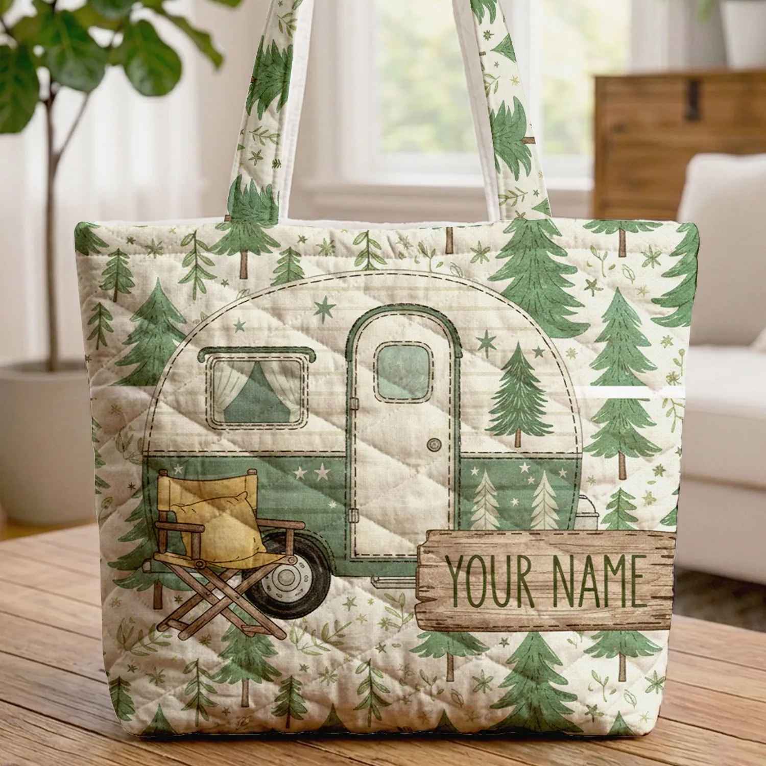 Camper Trailer Pine Trees Camping Chair Stars - Outdoor Adventure Camping Lover Gift Quilted Tote Bag - 1