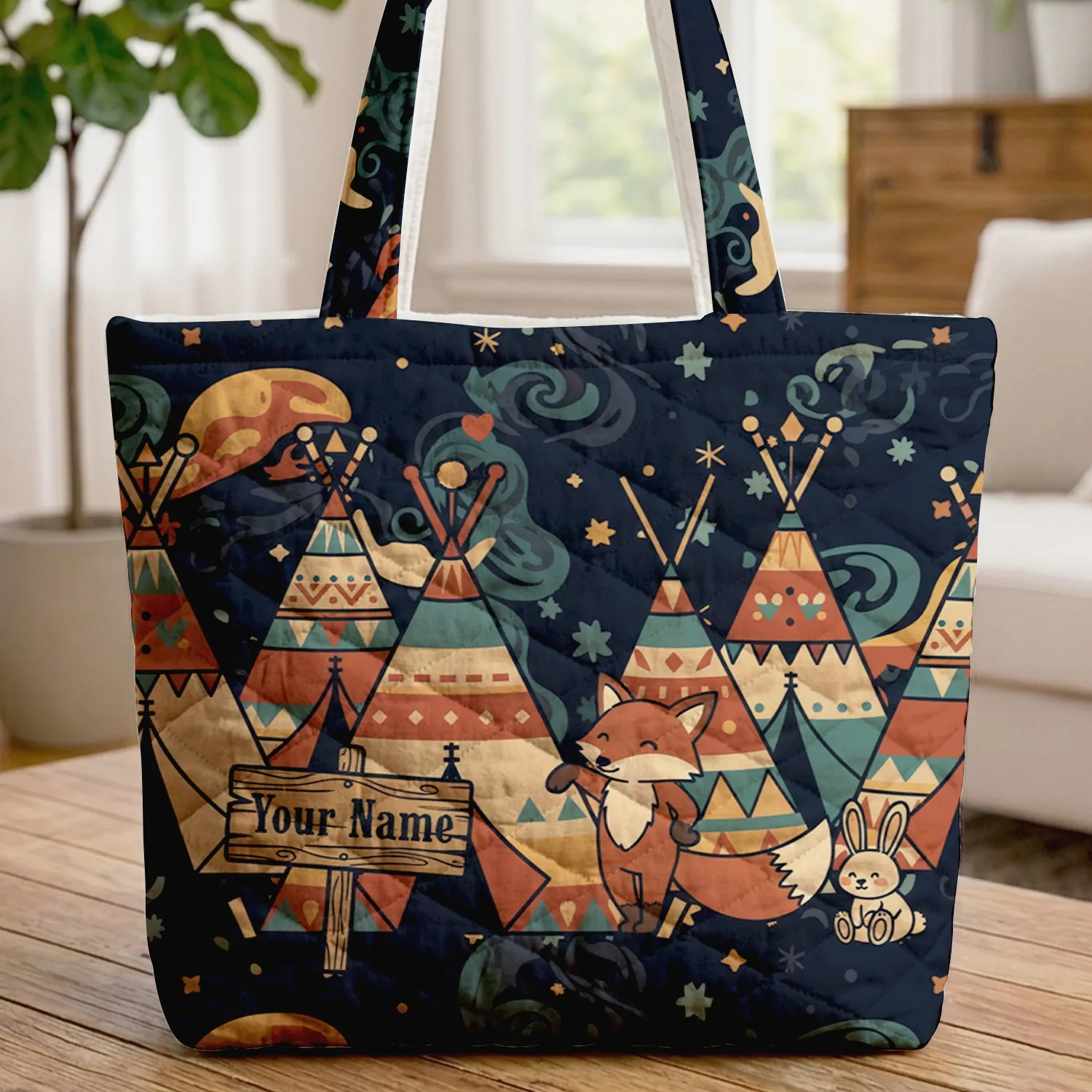 Colorful Tipis Camp Night Sky Scene - Adventure Lover Everyday Use Gift Quilted Tote Bag - 1