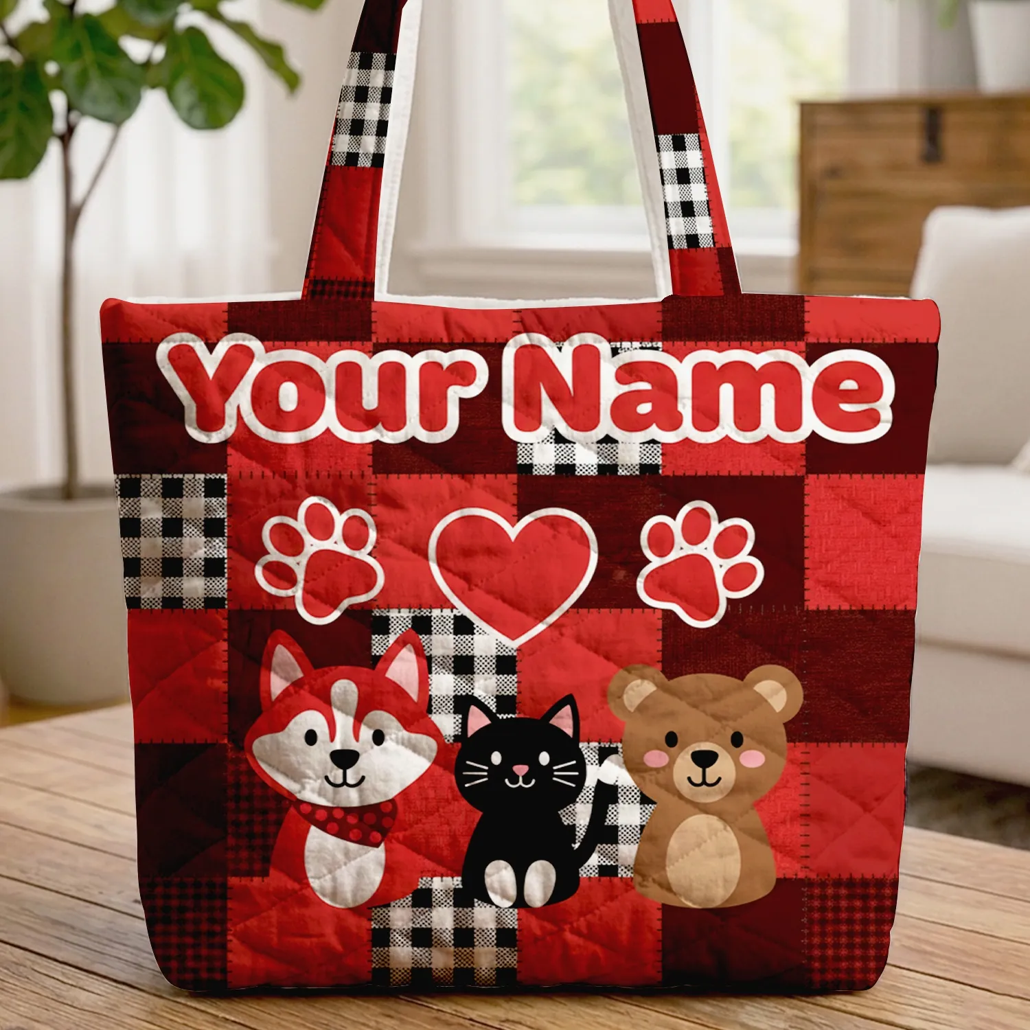 Red Black White Gingham Patchwork Paw Prints Heart - Your Name Pet Lover Gift Quilted Tote Bag - 1