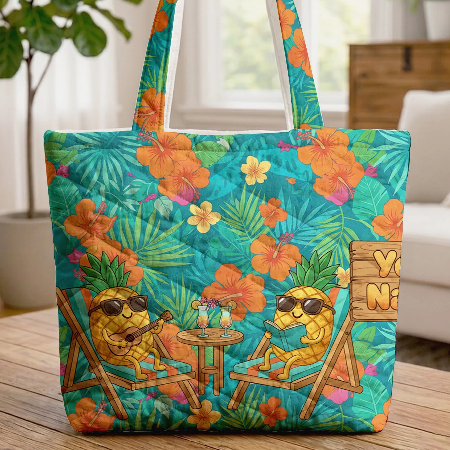Tropical Hibiscus Beach Lounge Chairs Personalized - Vacation Essentials Quilted Tote Bag - 1