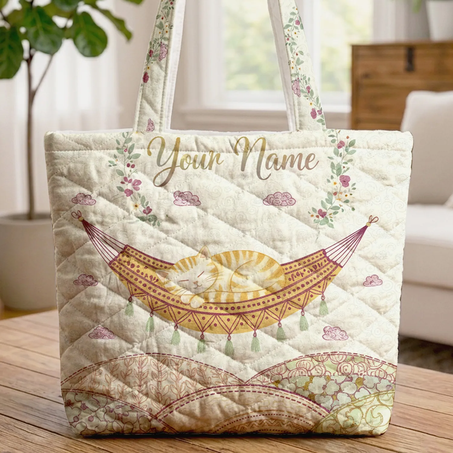 Sleeping Tabby Cat Hammock Floral Wreath - Cat Lover Home Decor Gift Quilted Tote Bag - 1