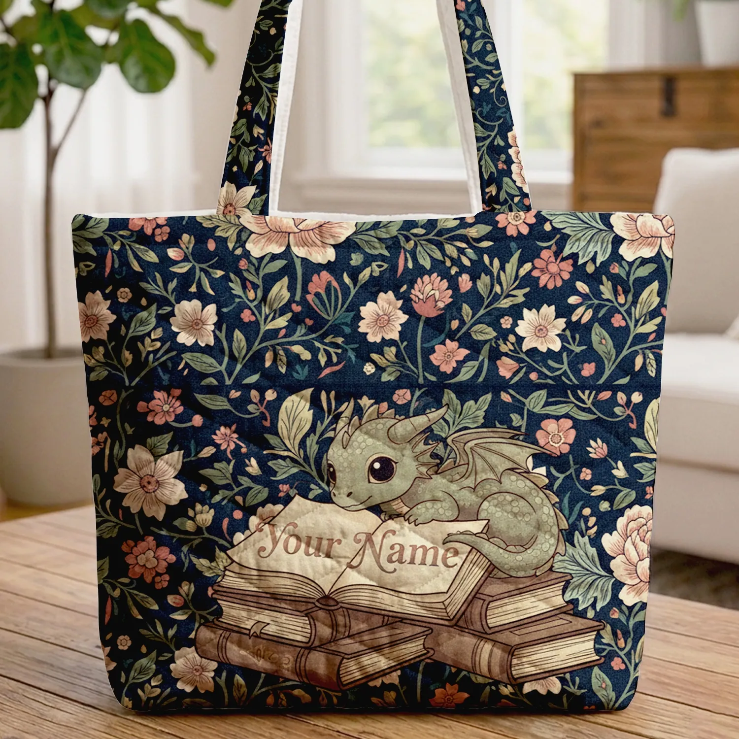 Dragon Antique Books Peonies Vines Berries Flowers Buds - Fantasy Reader Home Decor Gift Quilted Tote Bag - 1