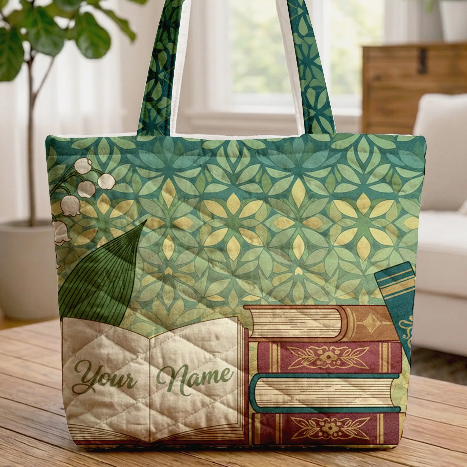Lily of the Valley Vintage Books Your Name - Home Decor Gift Quilted Tote Bag - 1
