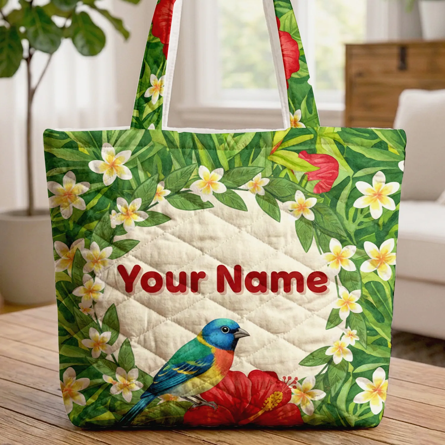 Tropical Finch Hibiscus Plumeria Leaves Floral Wreath - Botanical Bird Lover Gift Quilted Tote Bag - 1