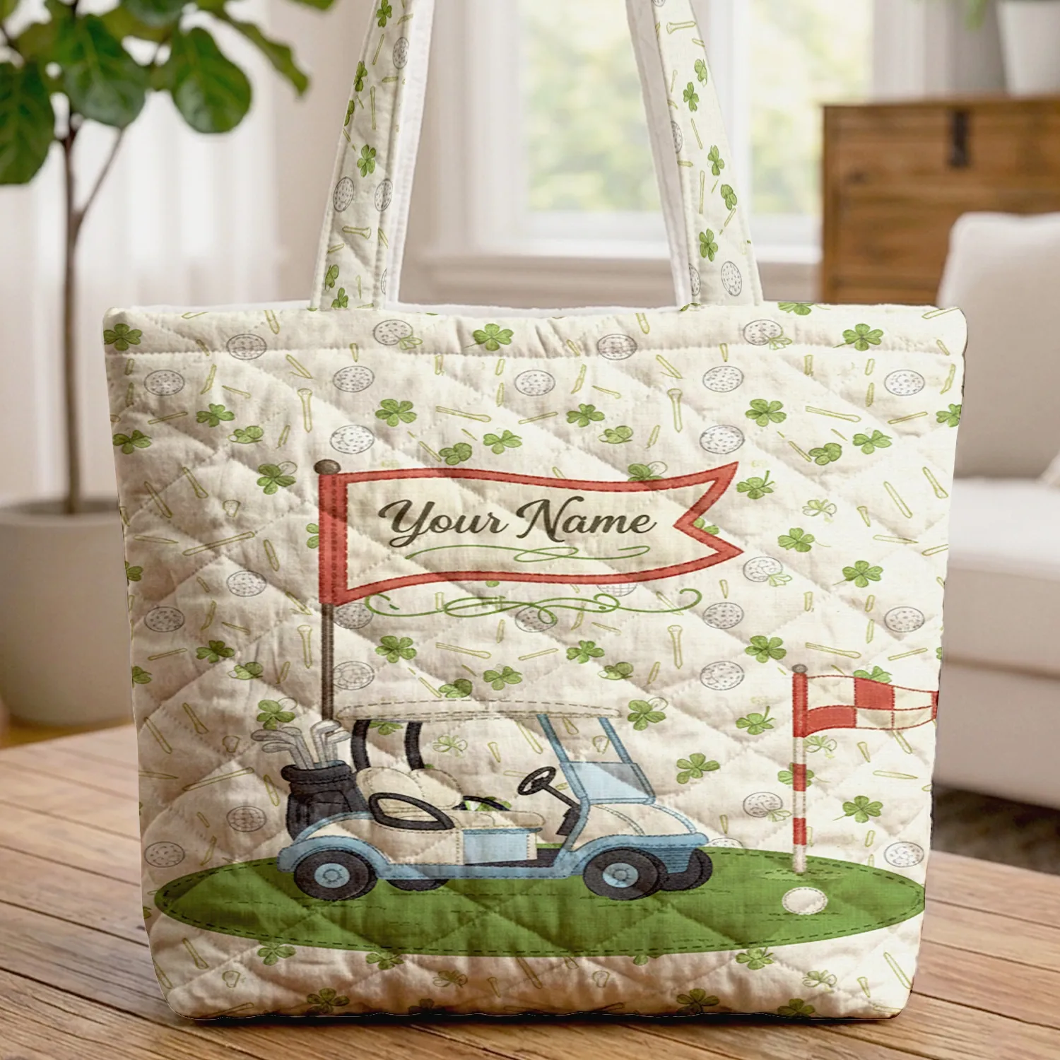 Golf Cart Pennant Flag Personalized Scene - Golf Lover Gift for Men Women Quilted Tote Bag - 1