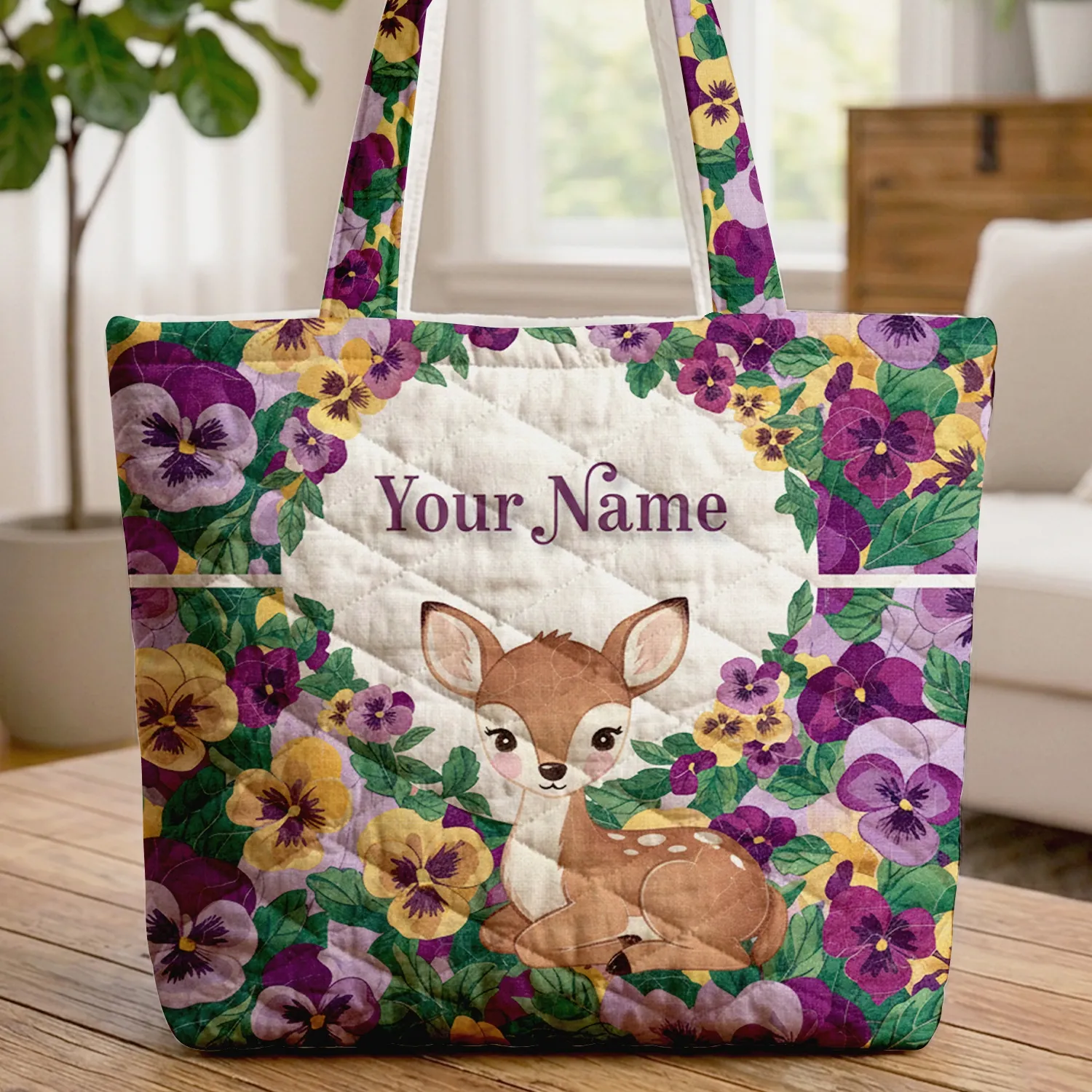 Fawn Scattered Pansies Floral Wreath - Wildlife Nature Lover Everyday Tote Gift Quilted Tote Bag - 1
