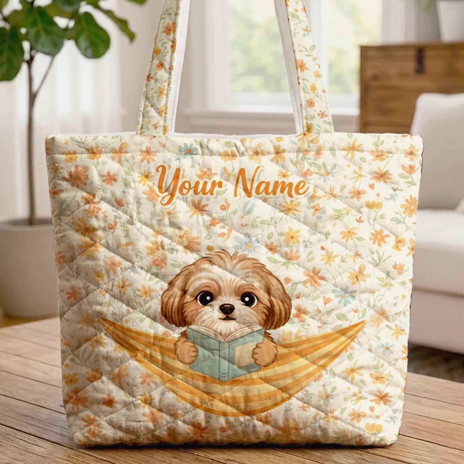 Personalized Shih Tzu Reading Dog Hammock - Book Lover Everyday Tote Quilted Tote Bag - 1