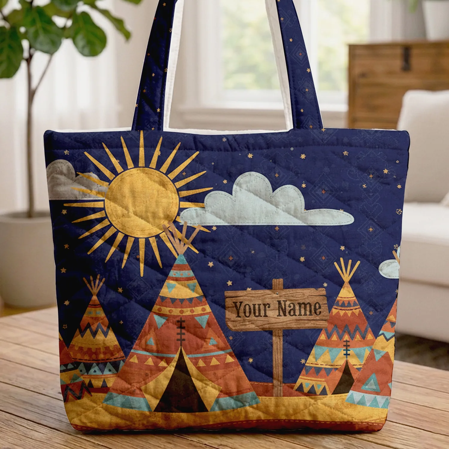 Teepee Village Sun Stars Clouds Name Sign - Western Folk Art Home Decor Everyday Gift Quilted Tote Bag - 1