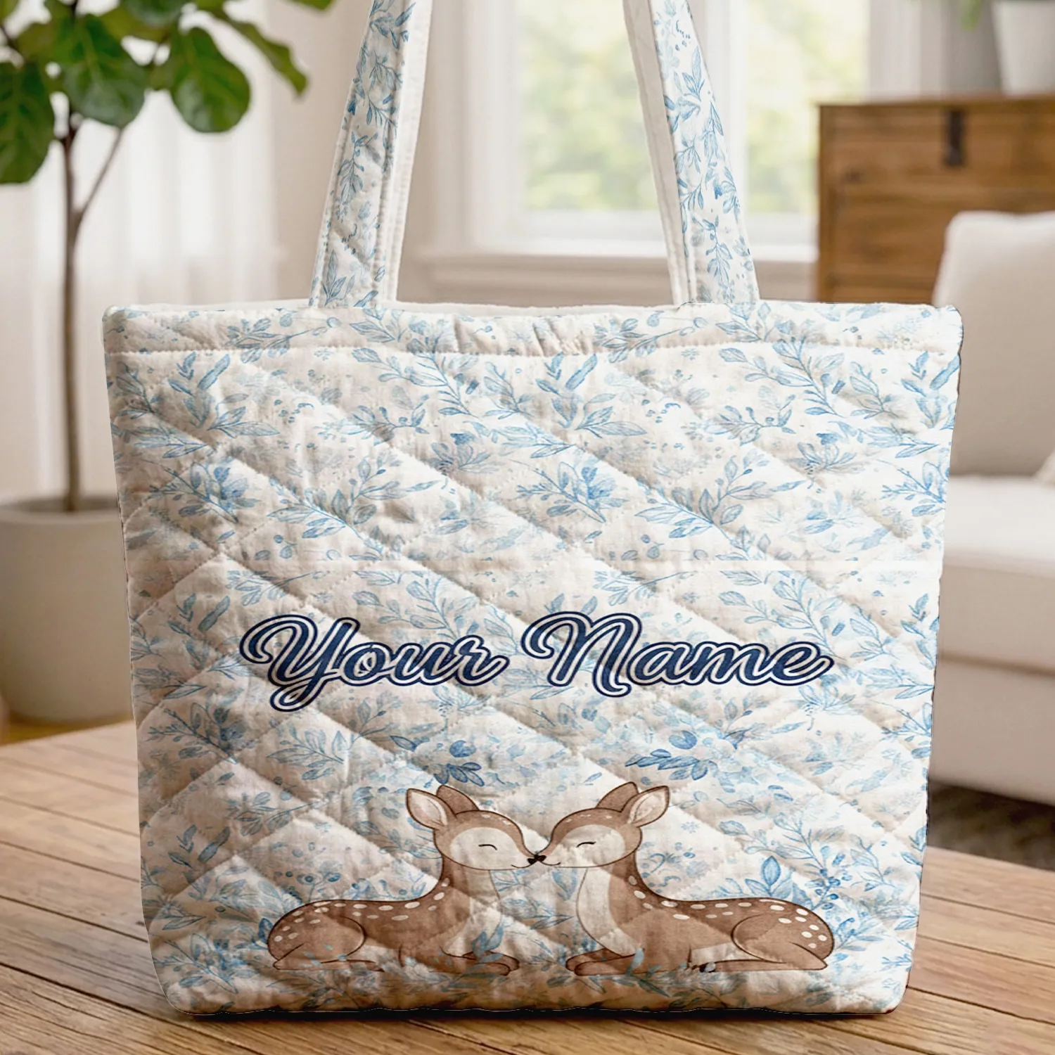Nuzzling Deer Floral Wreath Frosted Winter Leaves Snowflakes - Winter Gift Quilted Tote Bag - 1