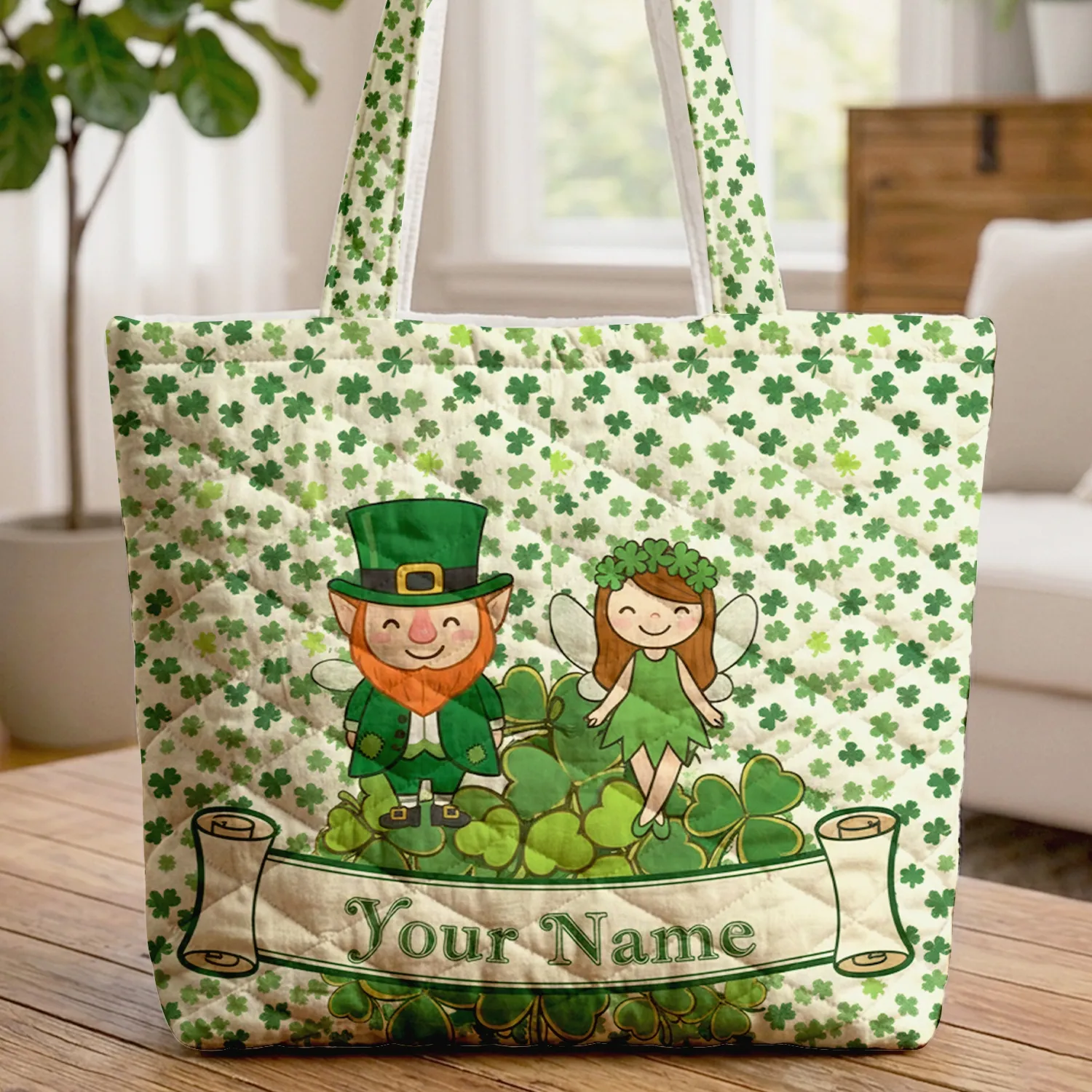 Three Four Leaf Clover Name Scroll Subtle Gold - St. Patrick's Day Gift for Irish Lover Quilted Tote Bag - 1