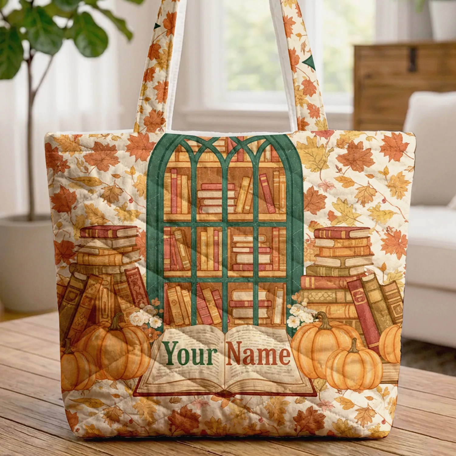Maple Oak Leaves Library Window Books Autumn Pumpkins - Book Lover Seasonal Decor Gift Quilted Tote Bag - 1
