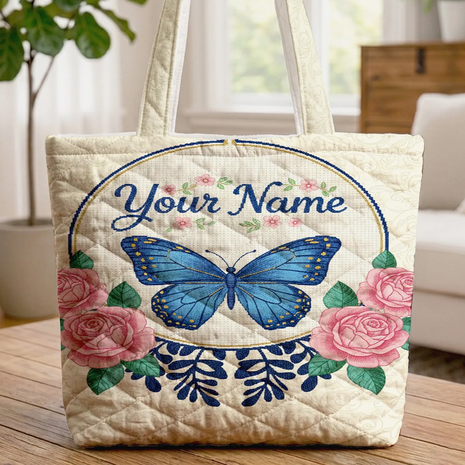 Majestic Blue Butterfly Pink Roses Leaf Vine Background - Personalized Keepsake Gift for Her Quilted Tote Bag - 1