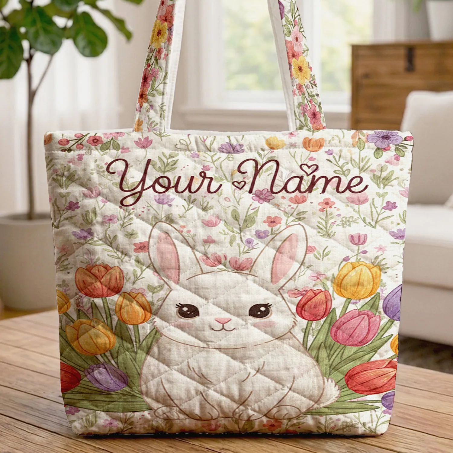 Bunny Tulips Wildflower Wreath - Nature Lover Everyday Gift Quilted Tote Bag - 1