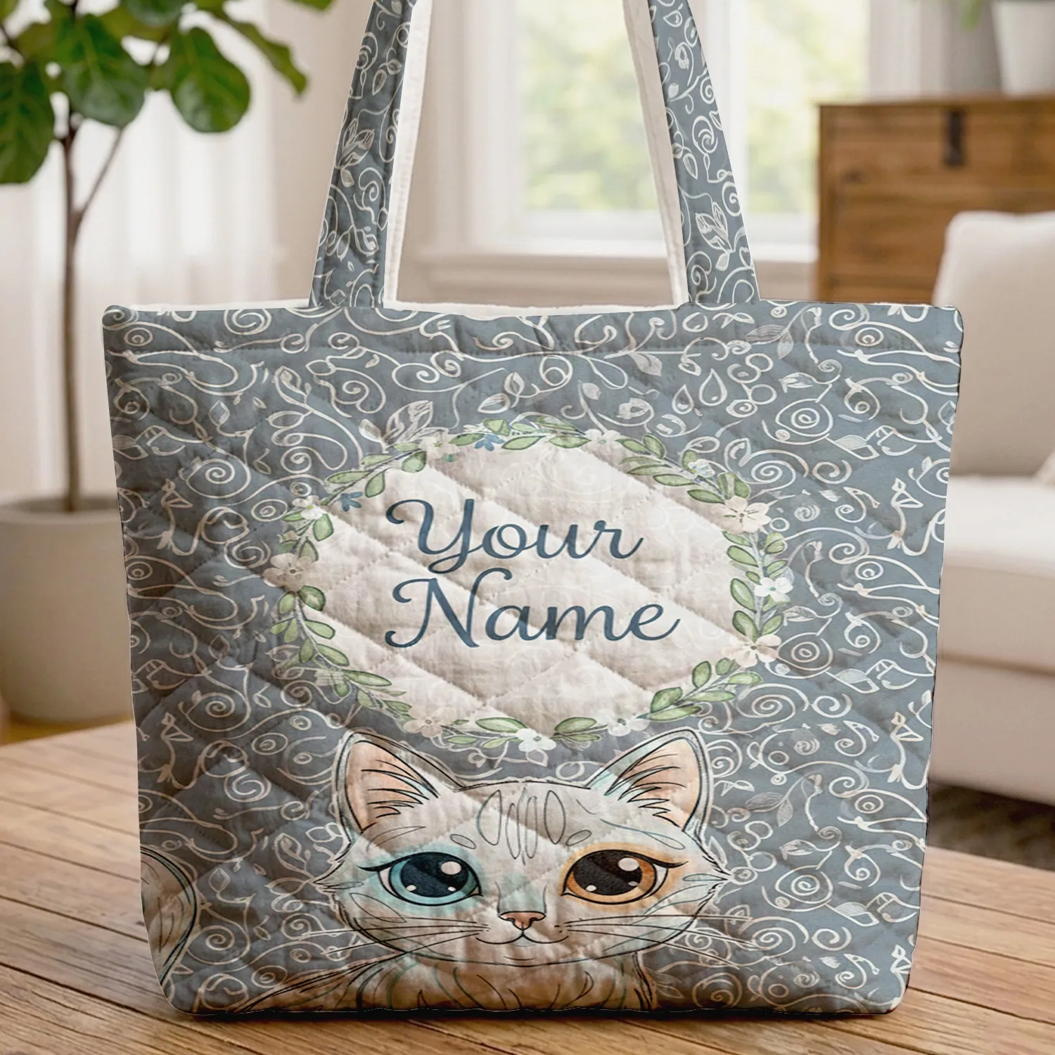 Blue Amber Eye Cat Floral Name Wreath Organic Swirl - Everyday Cat Lover Gift Quilted Tote Bag - 1