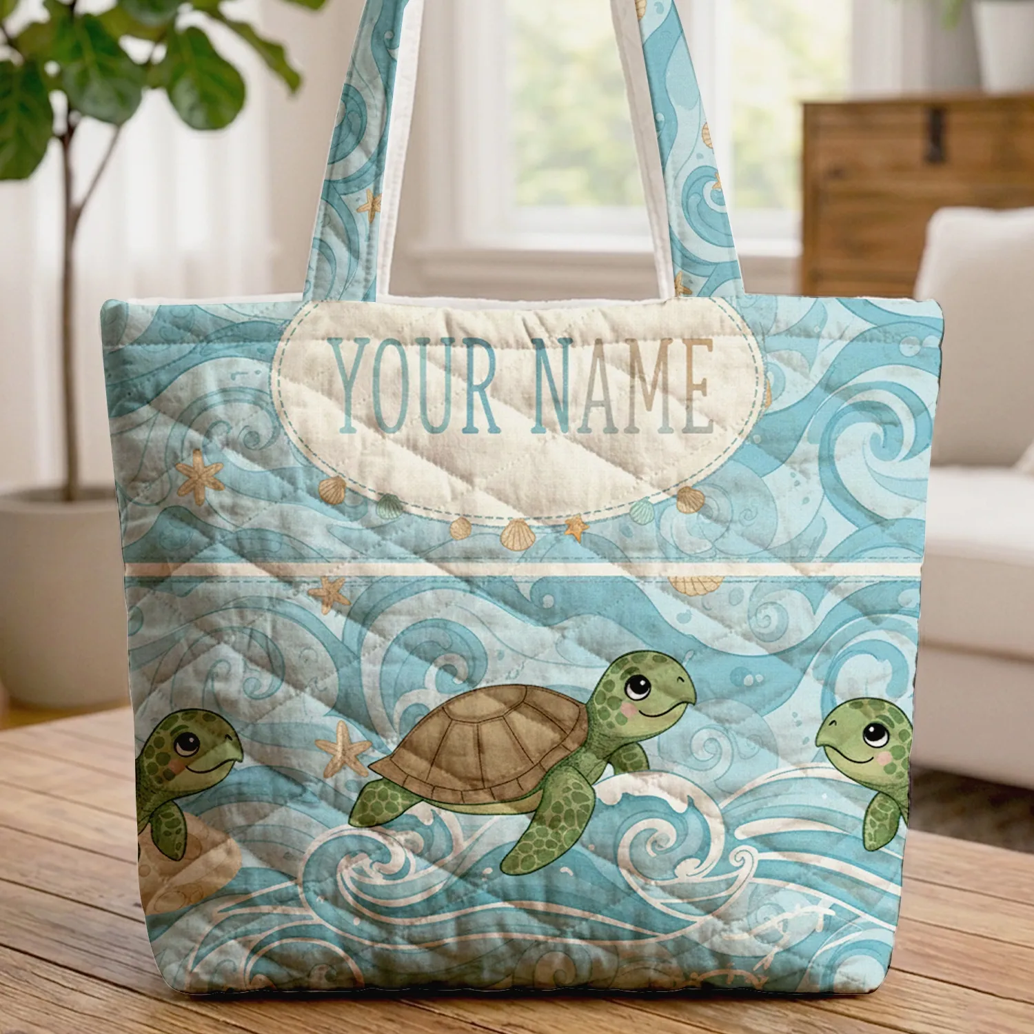 Sea Turtles Personalized Name Medallion Ocean Waves Sand - Beach Vacation Gift Quilted Tote Bag - 1