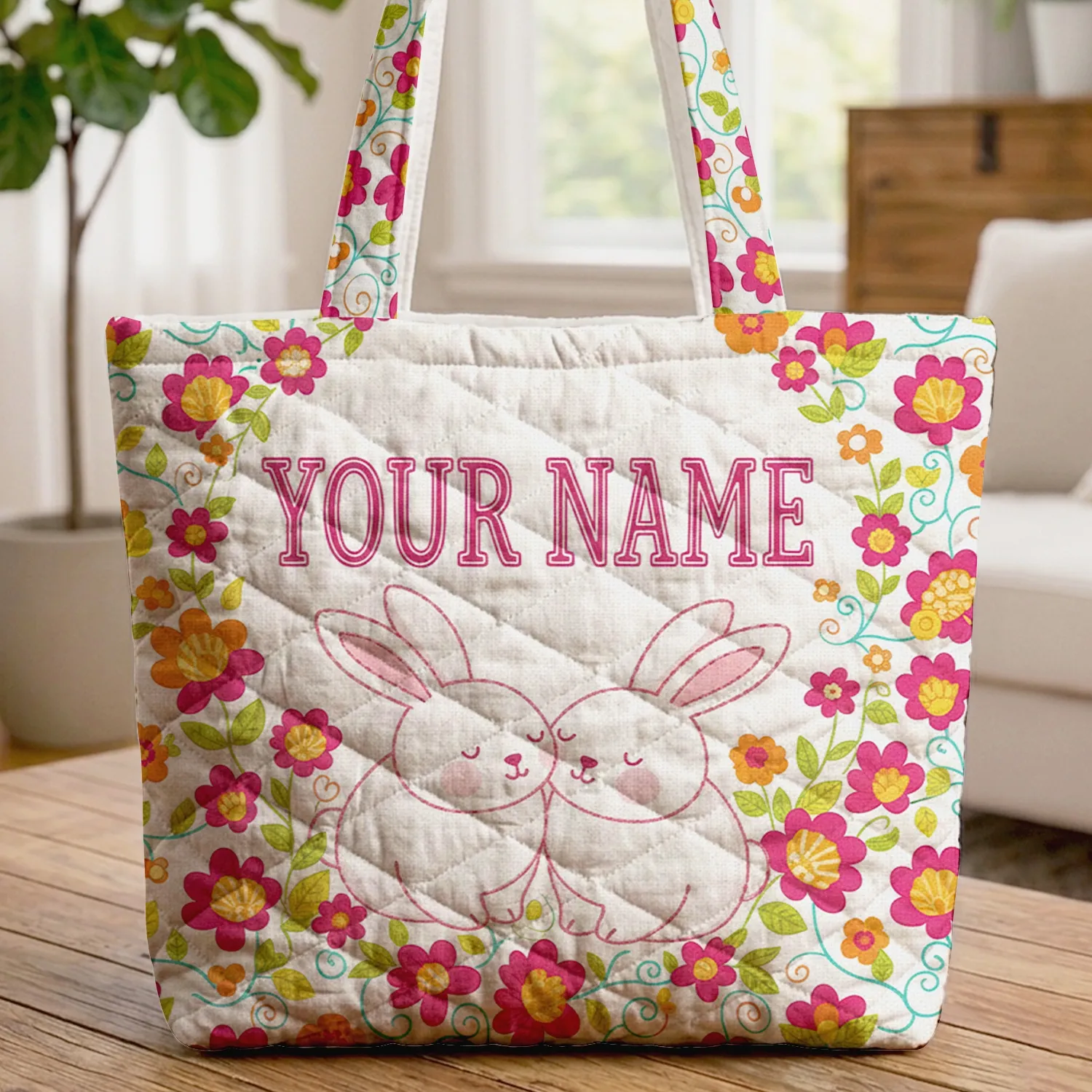 Bunnies Nuzzling Folk Art Flowers Floral Wreath Personalized Gift Quilted Tote Bag - 1