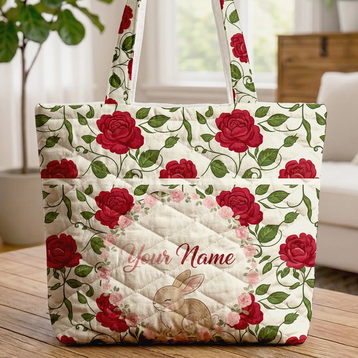 Bunny Miniature Roses Winding Vines Floral Wreath - Your Name Text Nature Lover Gift Quilted Tote Bag - 1
