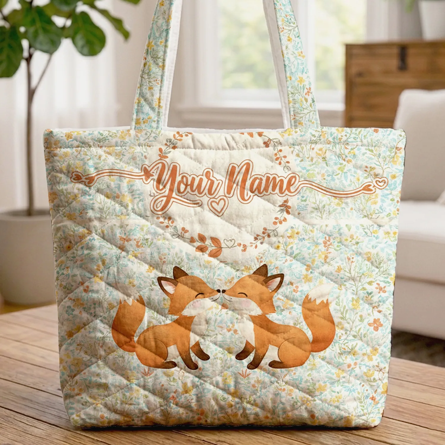 Playful Foxes Nuzzle Botanical Florals Berries Leaves Wreath - Nature Lover Everyday Gift Quilted Tote Bag - 1