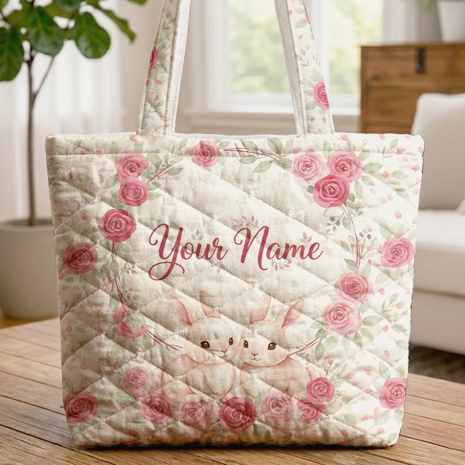 Bunnies Roses Floral Wreath Personalized - Everyday Personal Gift Quilted Tote Bag - 1