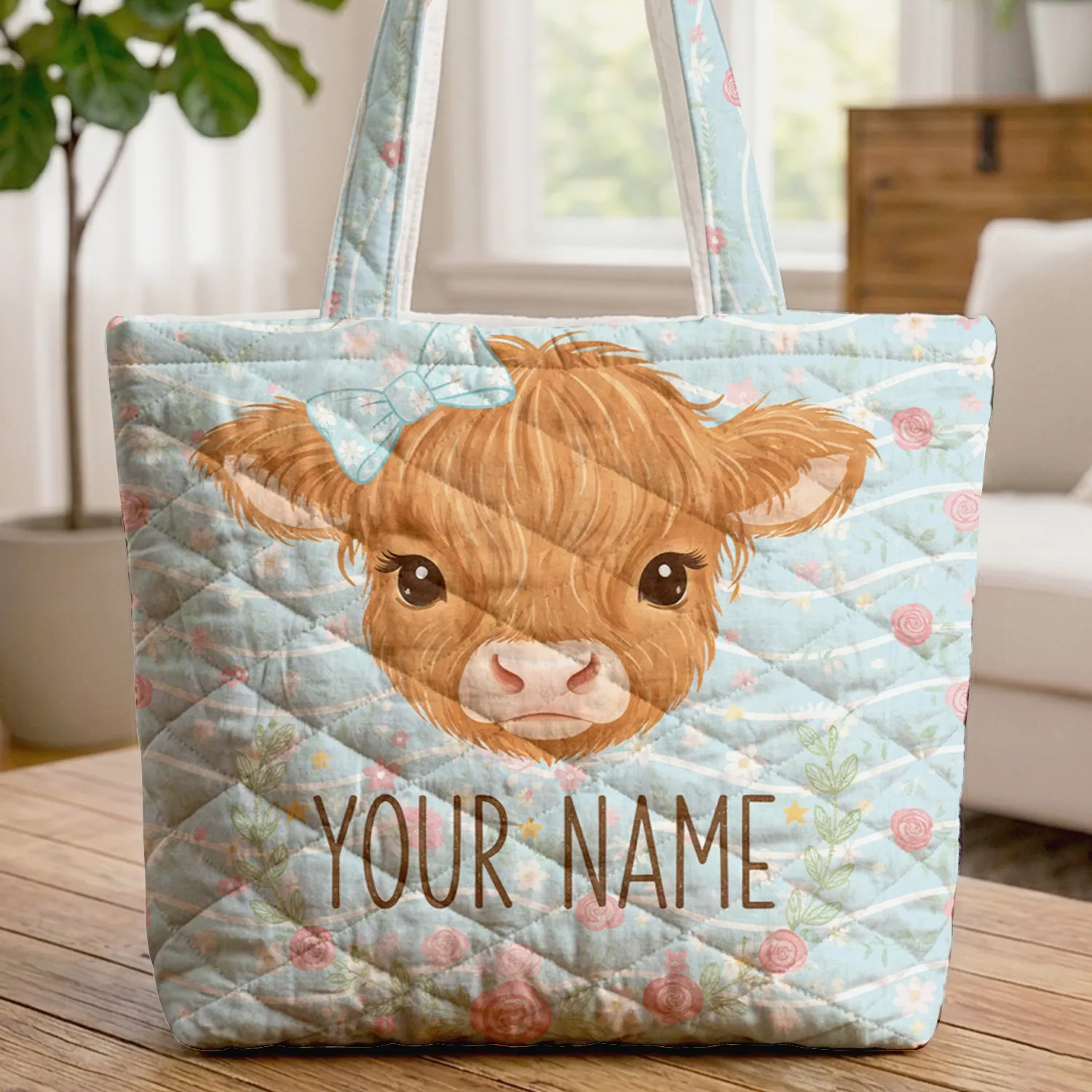 Highland Cow Calf Floral Bow Wreath Leaf Garland - Farmhouse Cow Lover Gift Quilted Tote Bag - 1